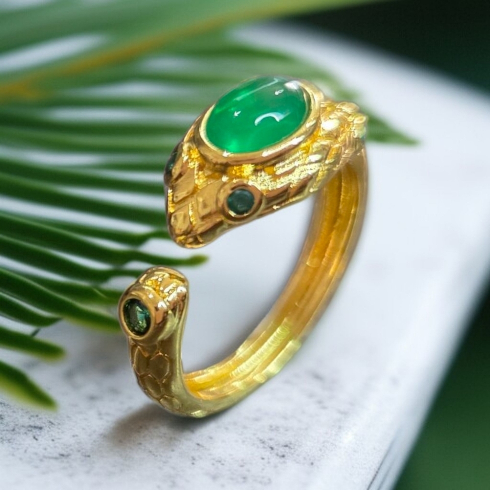 18k Gold Plated Snake Serpent Emerald Cabochon Ring